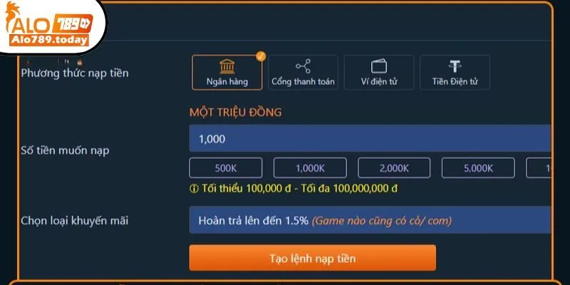 Nạp tiền Alo789 thông qua tài khoản nhanh qua ngân hàng